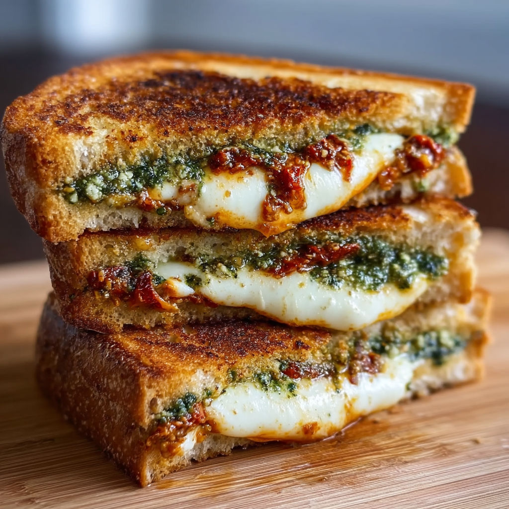 A stack of three grilled cheese sandwiches with sun-dried tomato pesto.