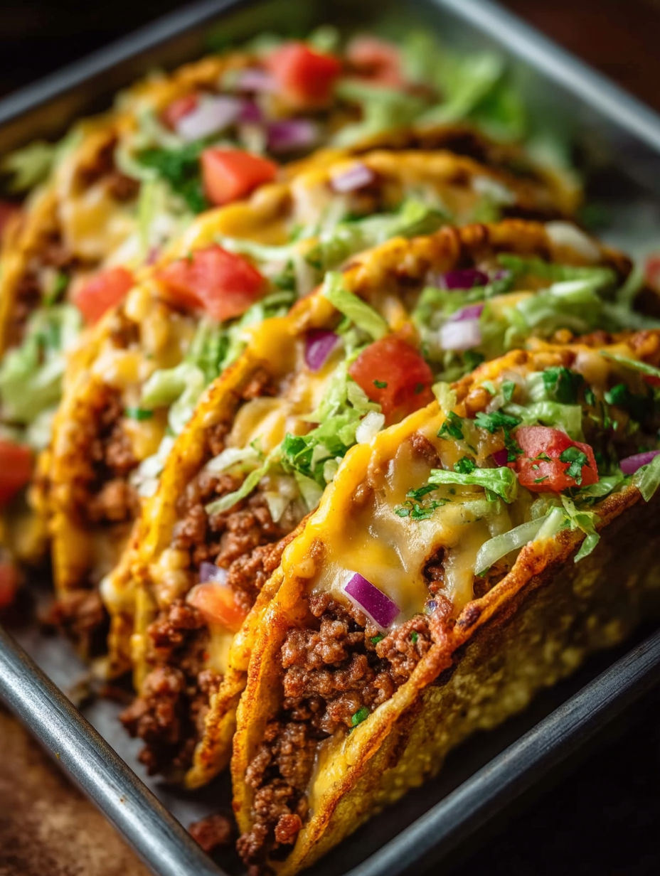 A pan of oven-baked cheesy tacos.