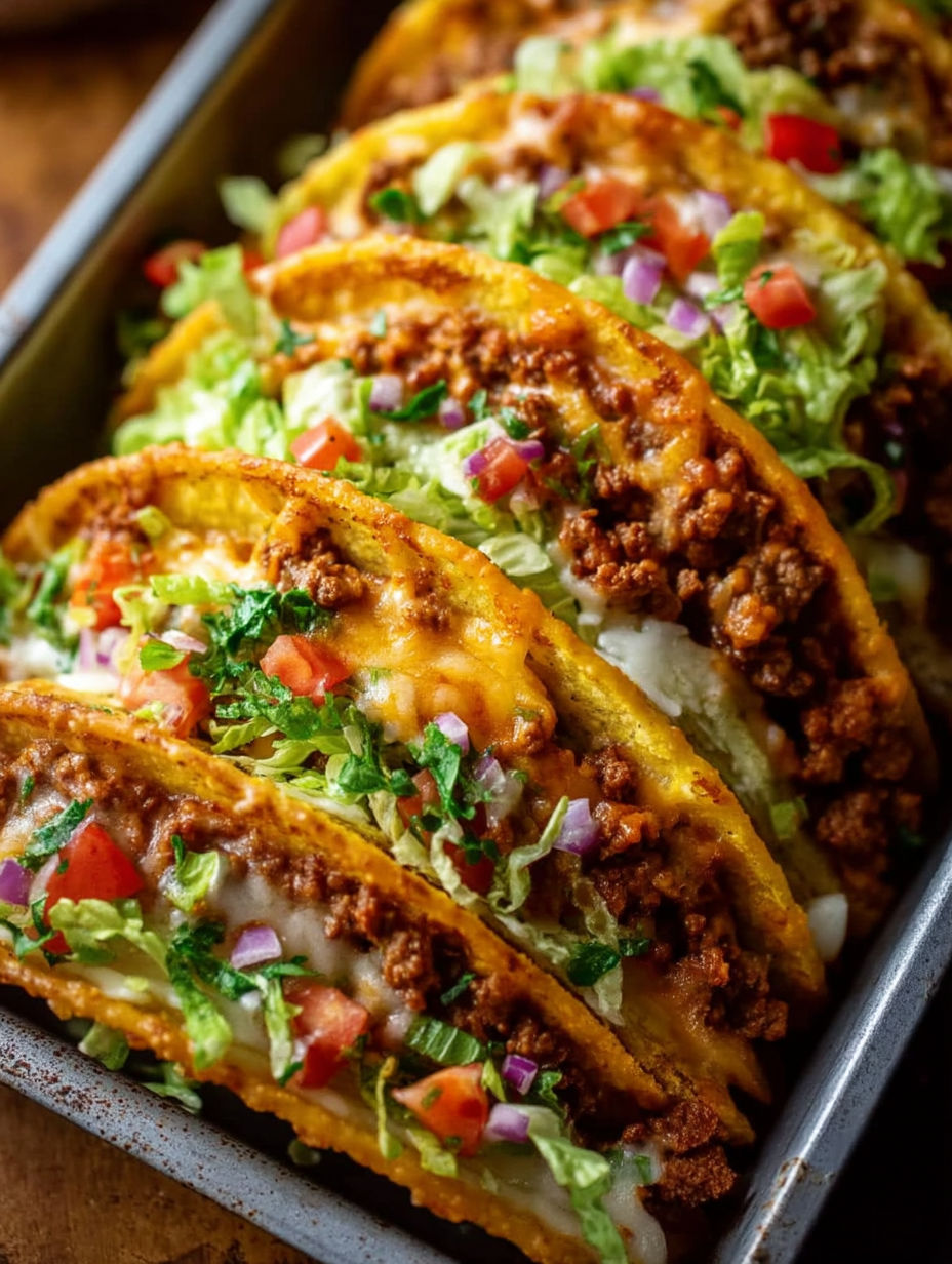 A pan of oven-baked cheesy tacos.