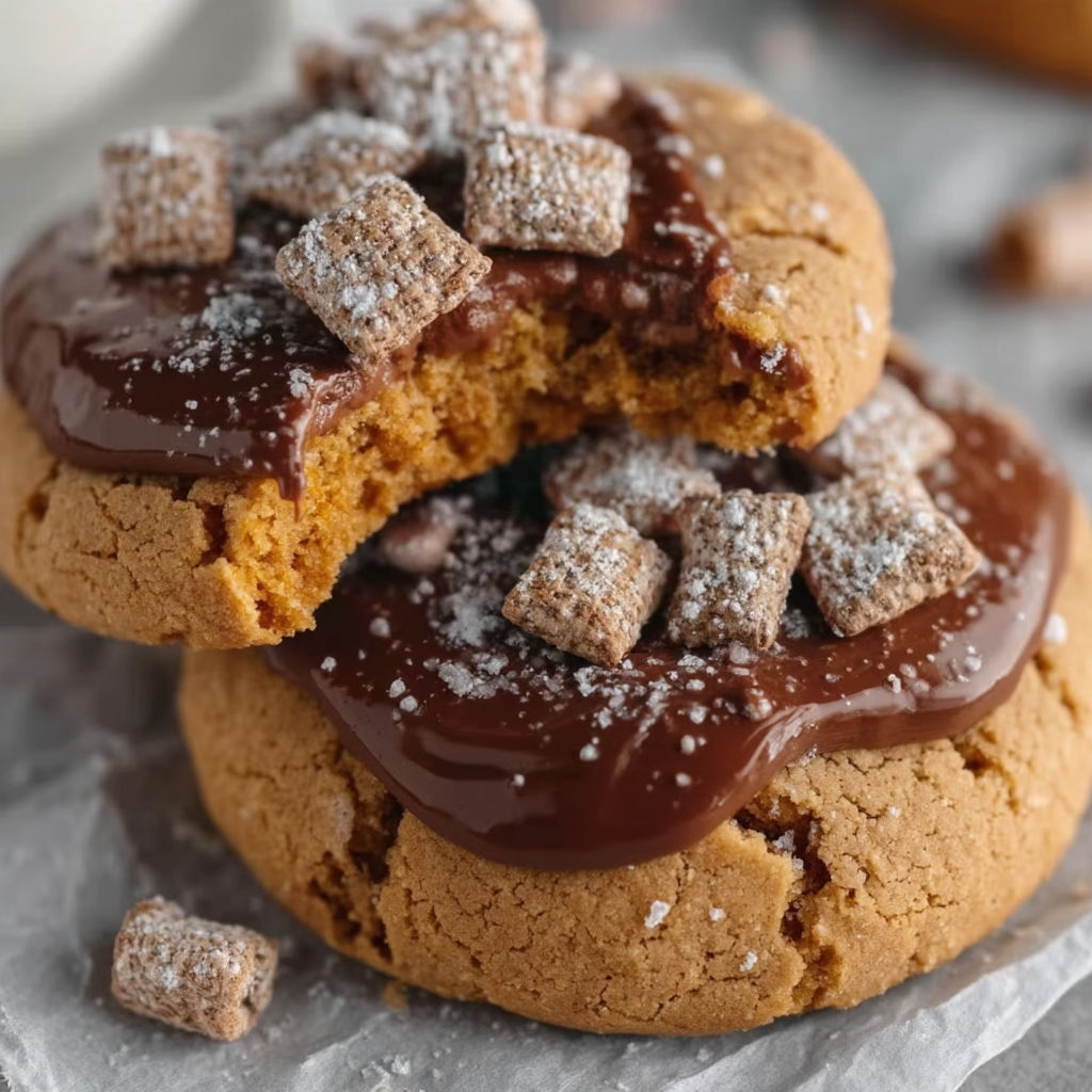 A close up of a cookie with chocolate drizzled on top.
