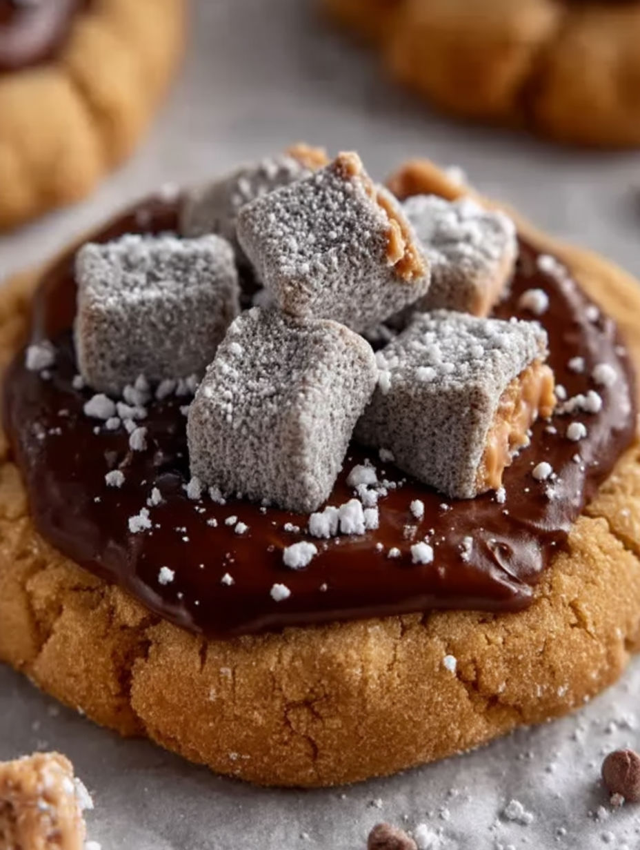 A cookie with chocolate and crumbles on top.