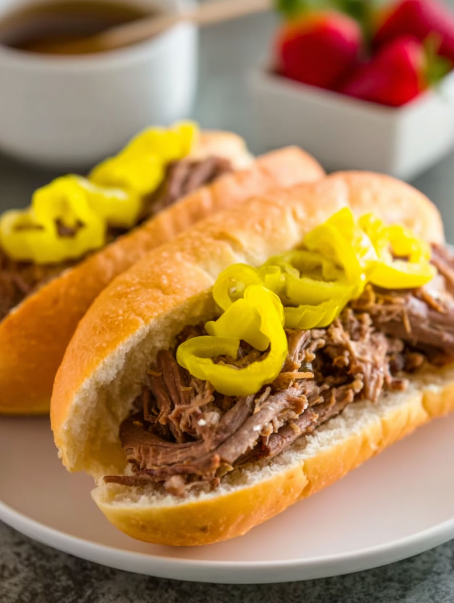 Two slow cooker Italian beef sandwiches with yellow mustard.