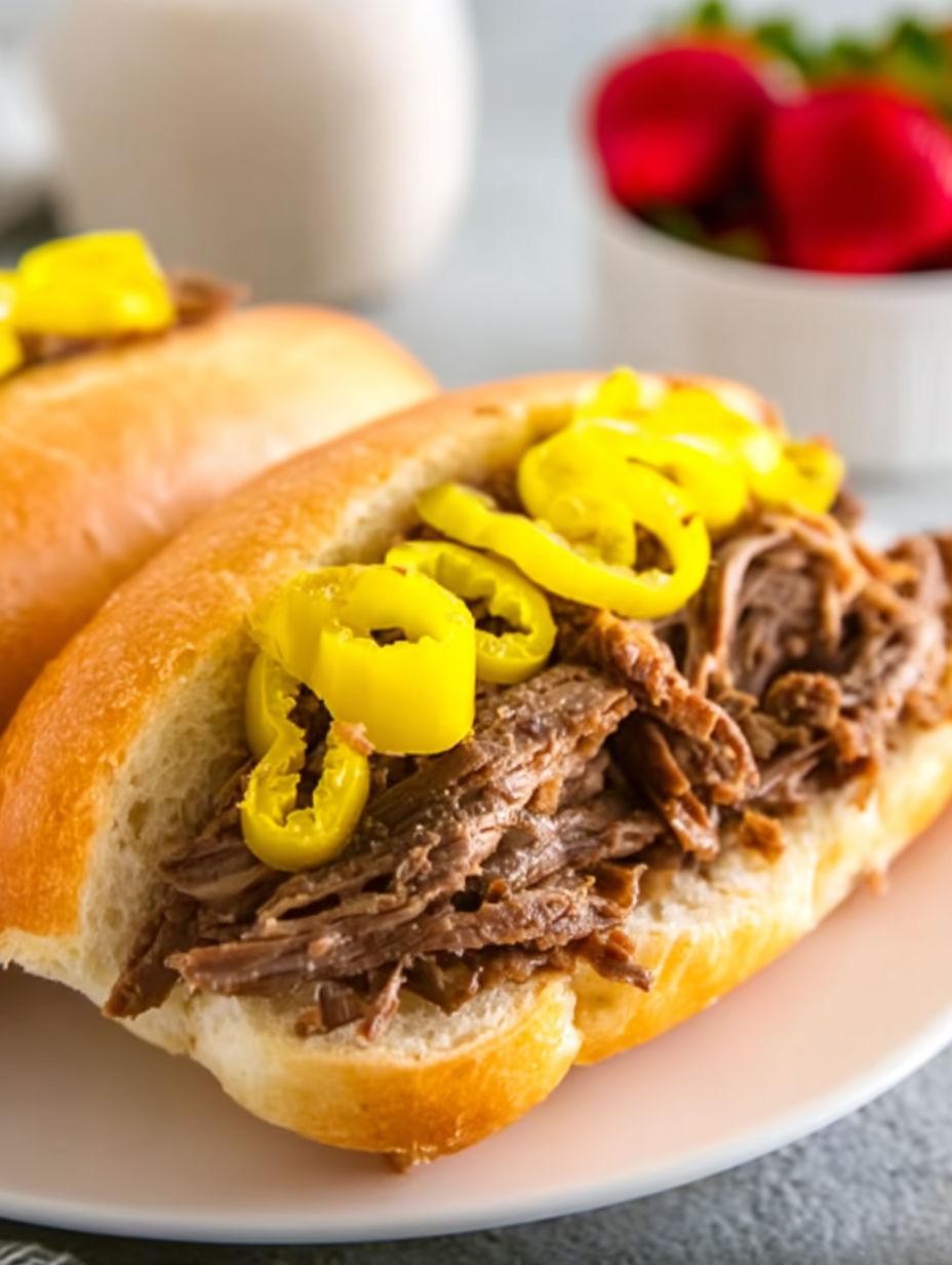 A sandwich with yellow peppers and beef.