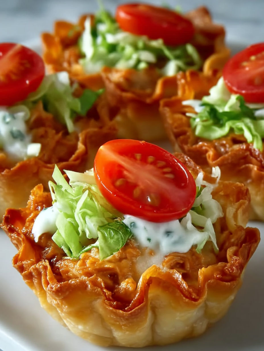 A plate of taco dip bites with tomatoes and lettuce.