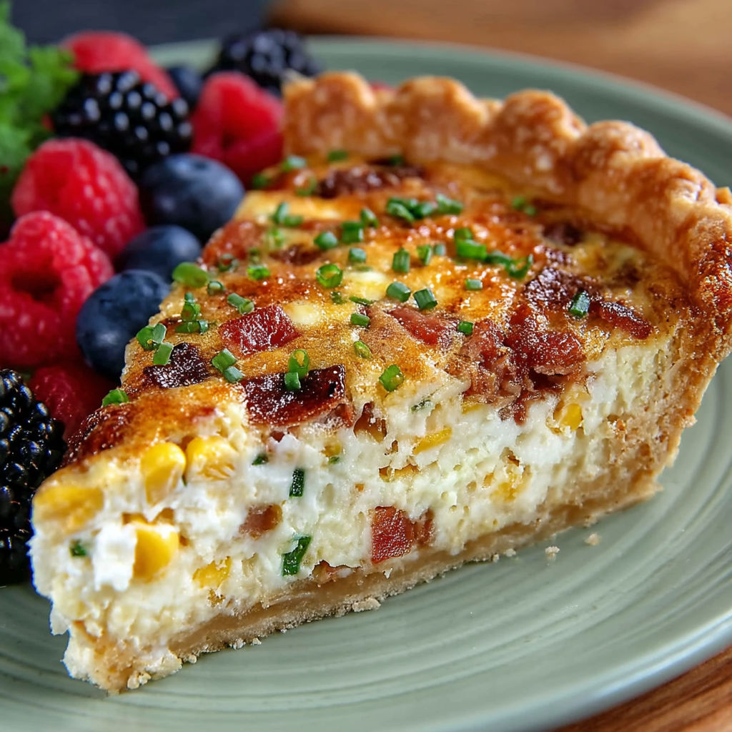 A slice of bacon and corn quiche.