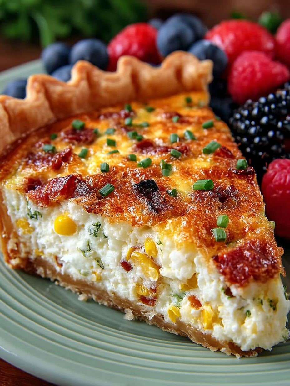 A slice of bacon and corn quiche.