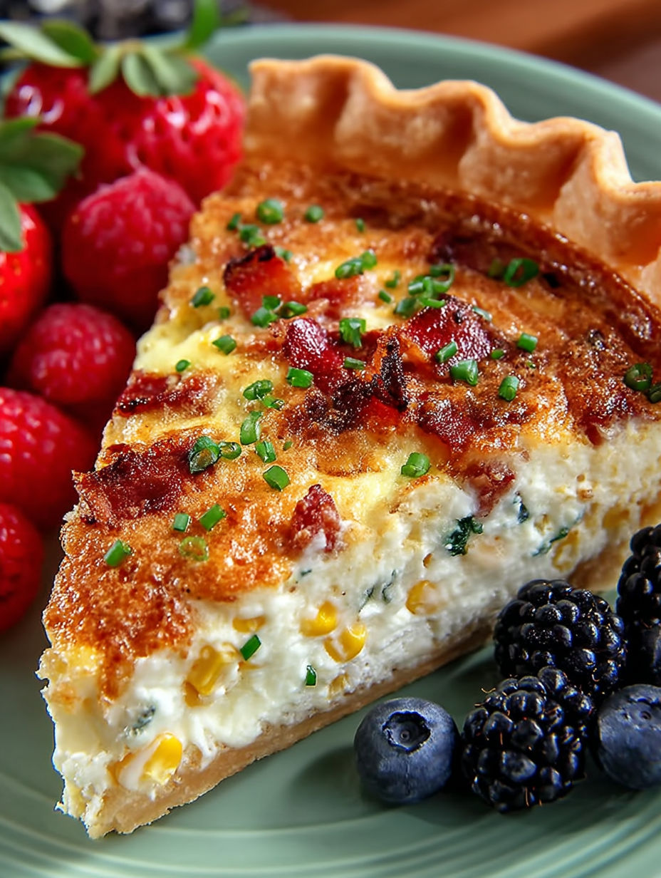 A slice of bacon and corn quiche.