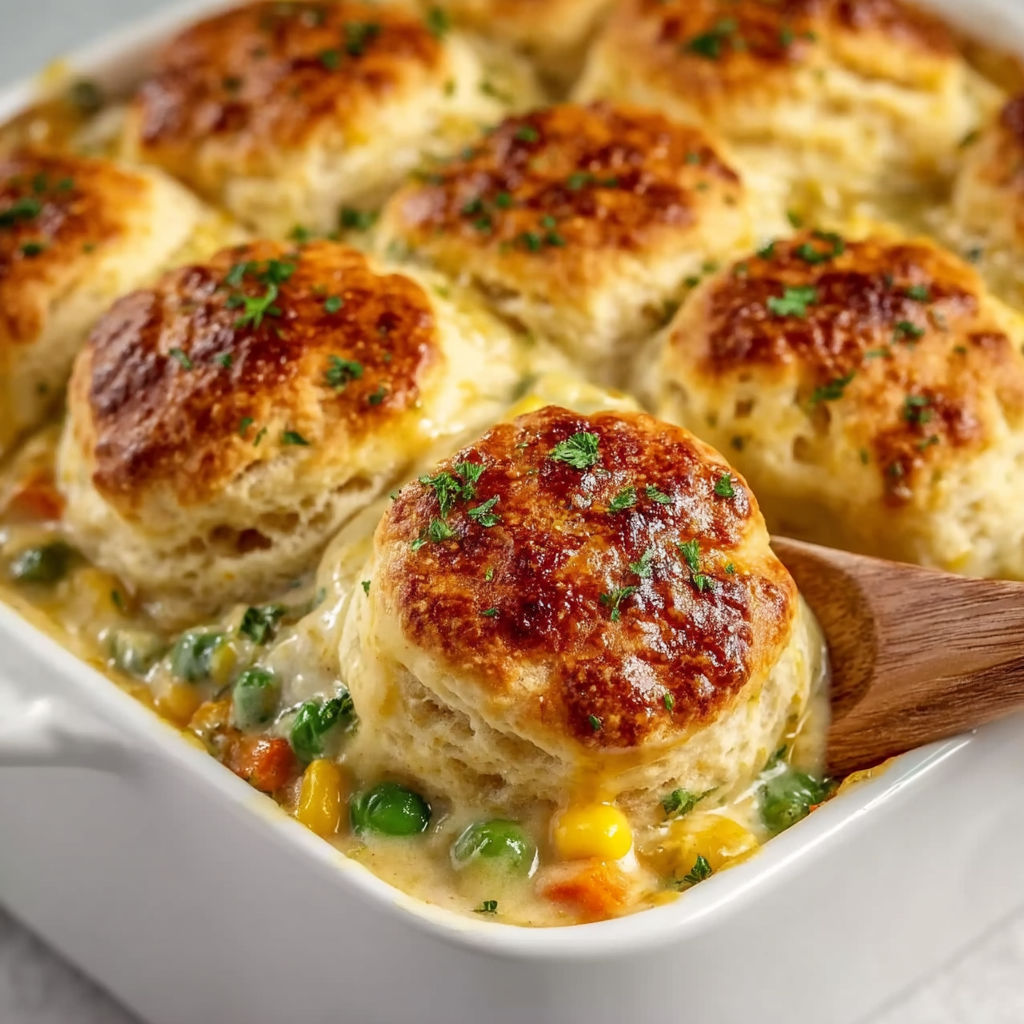 A white bowl filled with a chicken pot pie casserole.