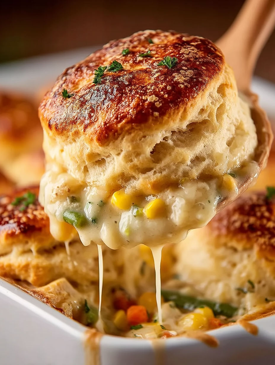 A spoon is being used to serve a piece of chicken pot pie.