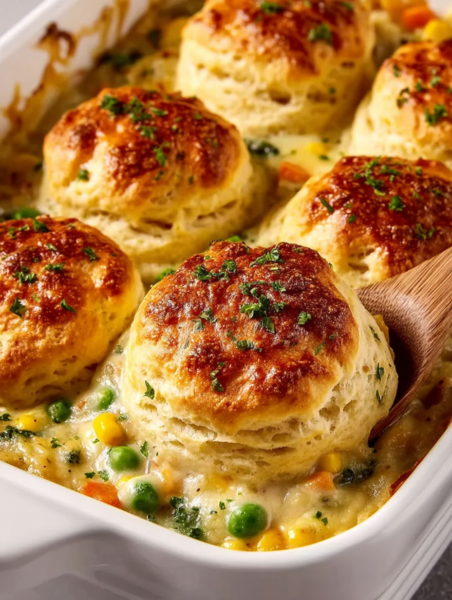 A close up of a chicken pot pie casserole.