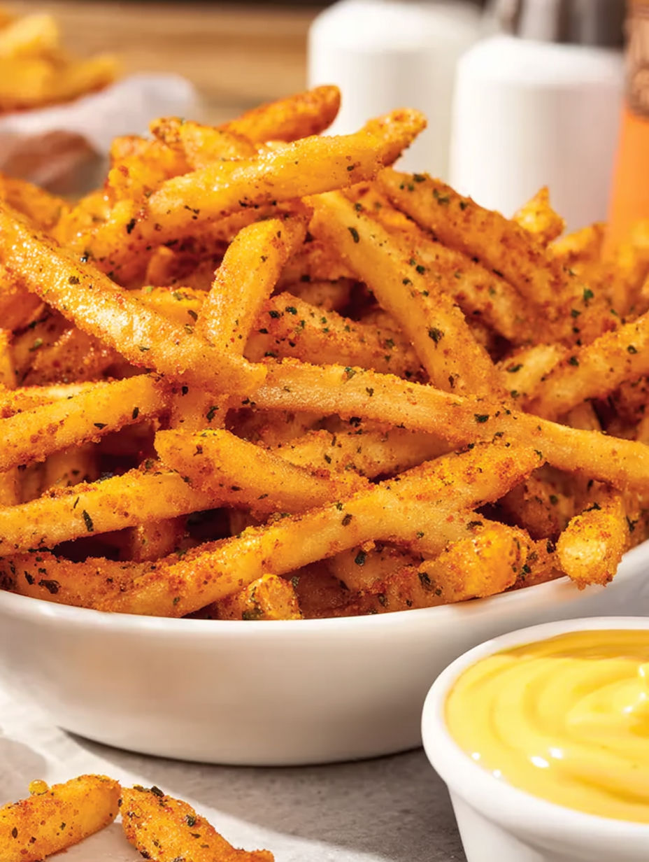 A bowl of fries with a dipping sauce.