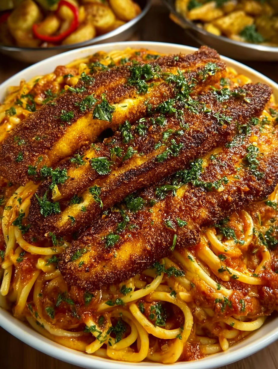 A plate of spaghetti with fish on top.