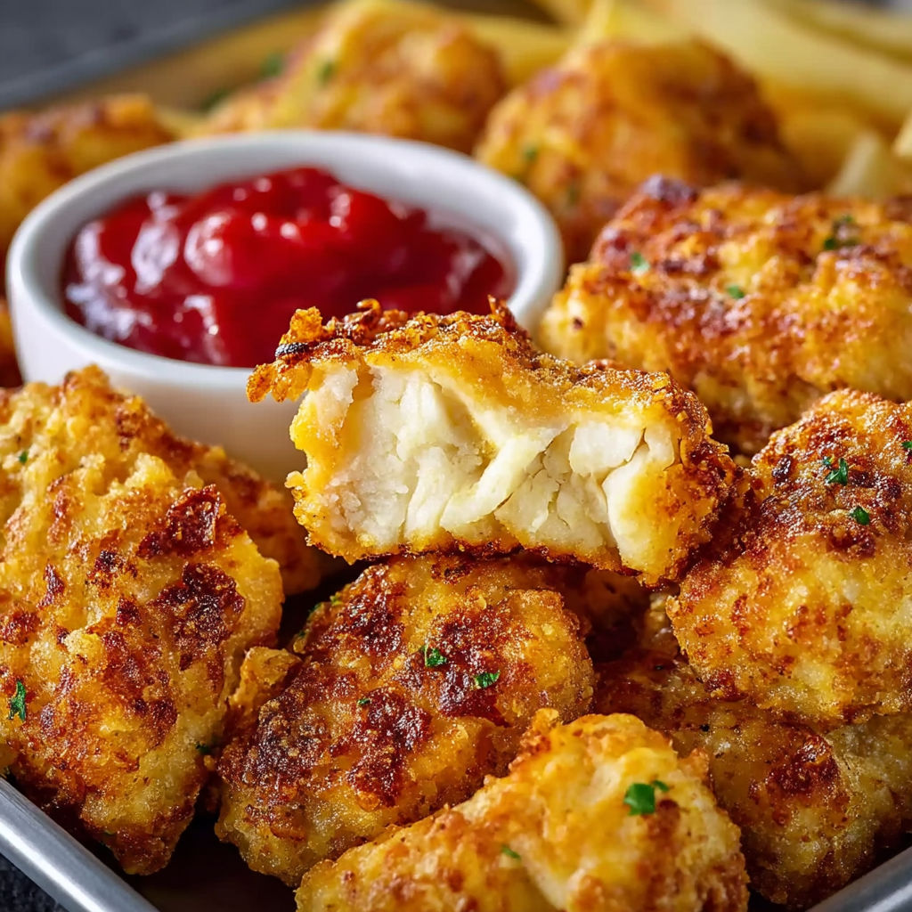 A plate of chicken nuggets with ketchup.