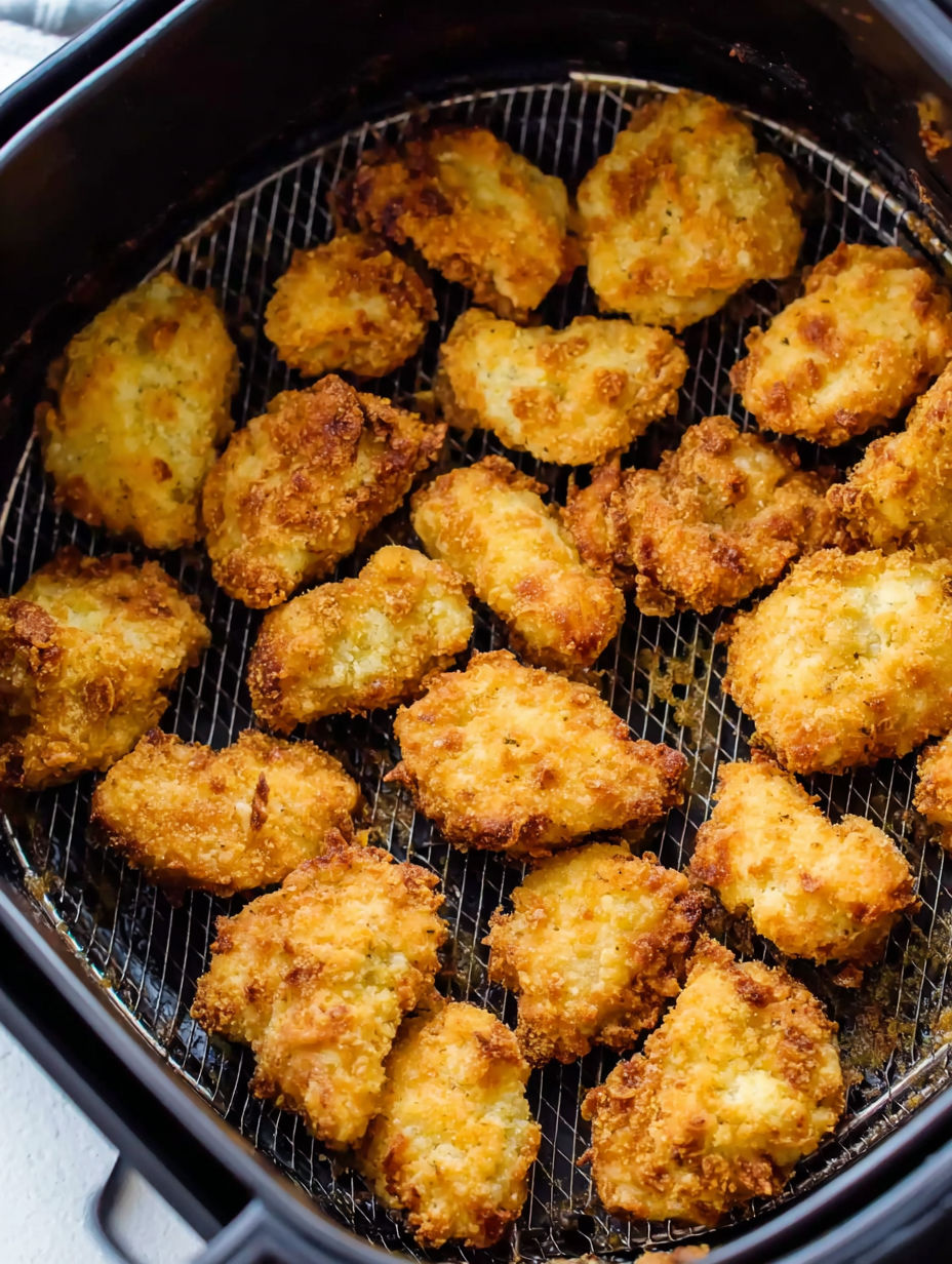 Chicken nuggets in an air fryer.