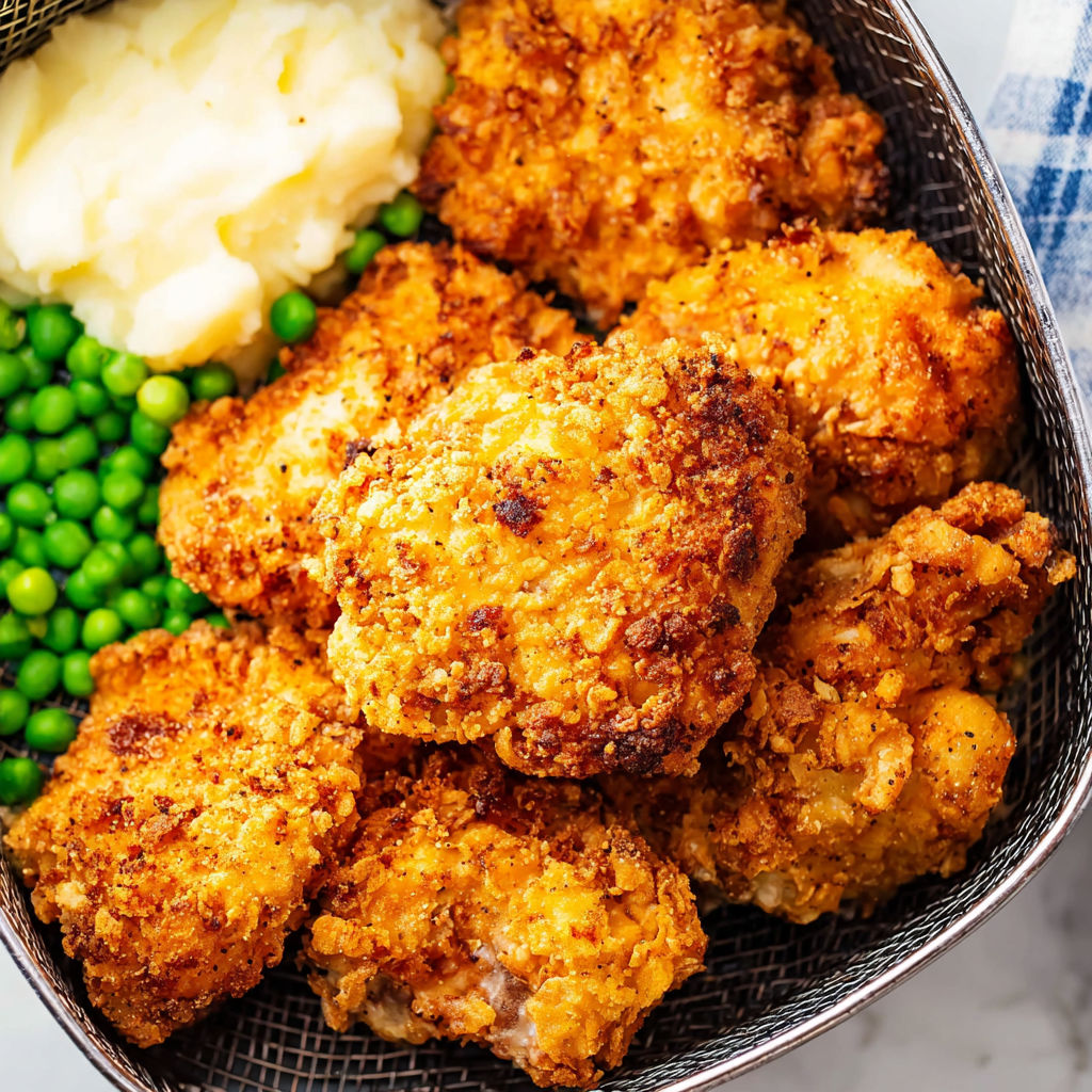 Air fryer fried chicken thighs with mashed potatoes and peas.