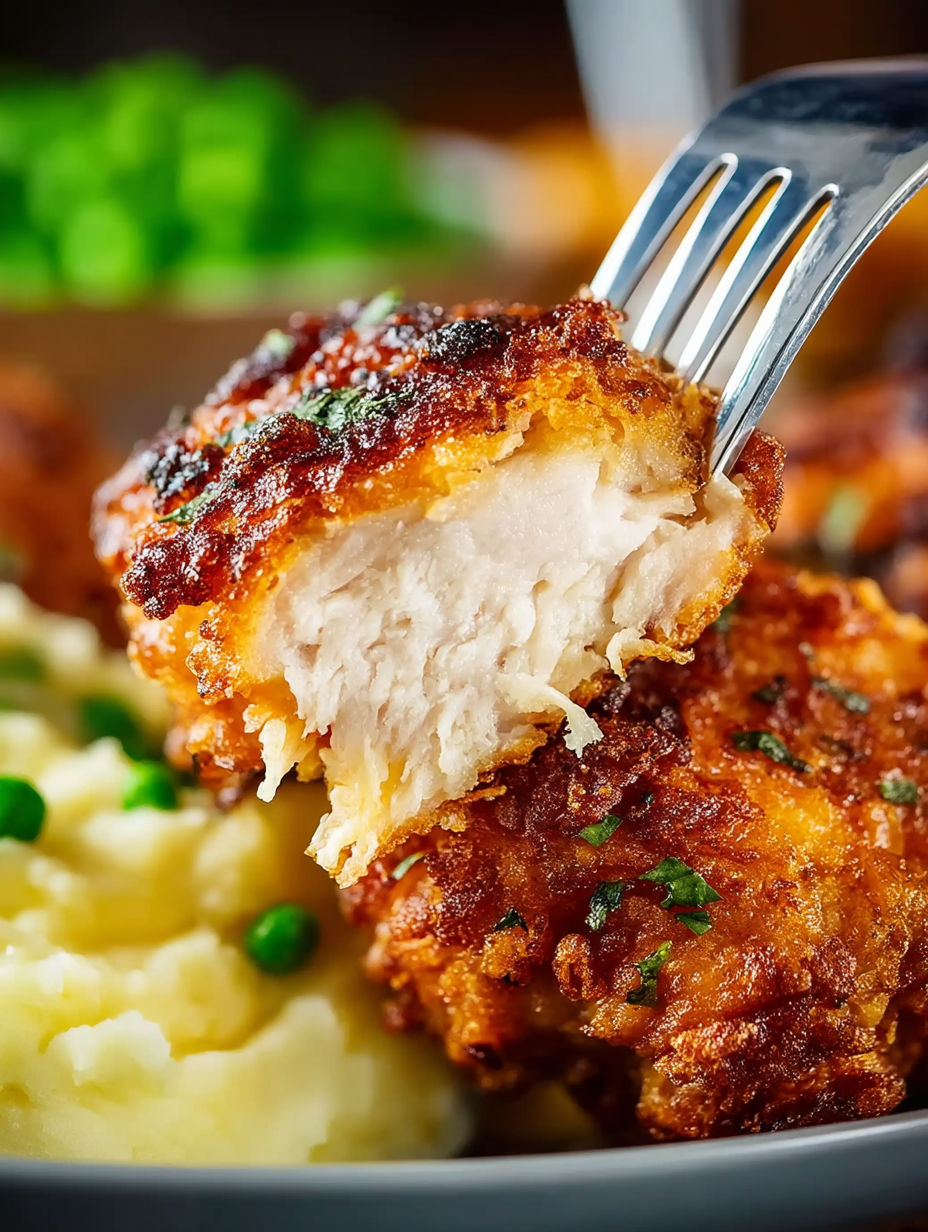 A piece of fried chicken with a fork in it.