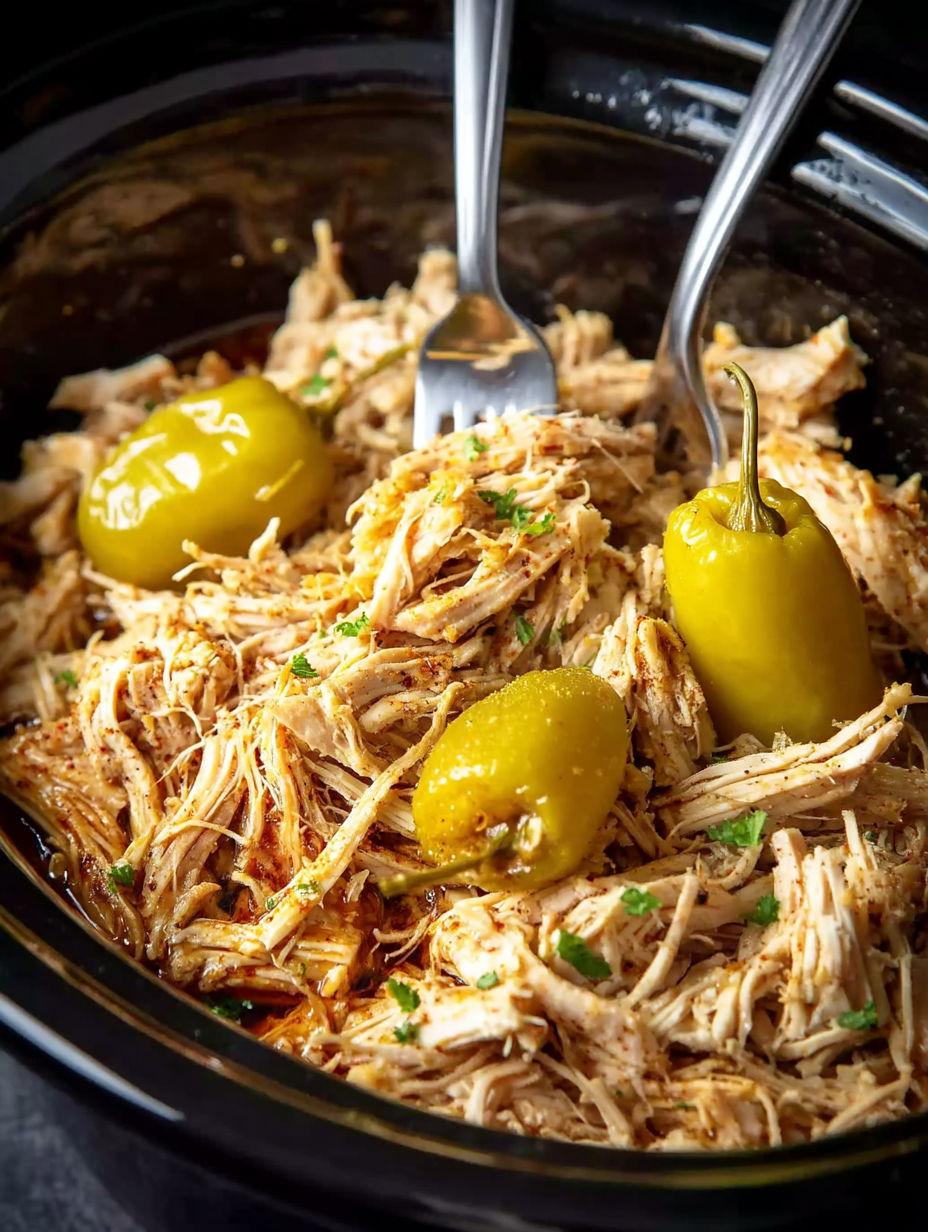 A bowl of Mississippi chicken with green peppers and a fork.