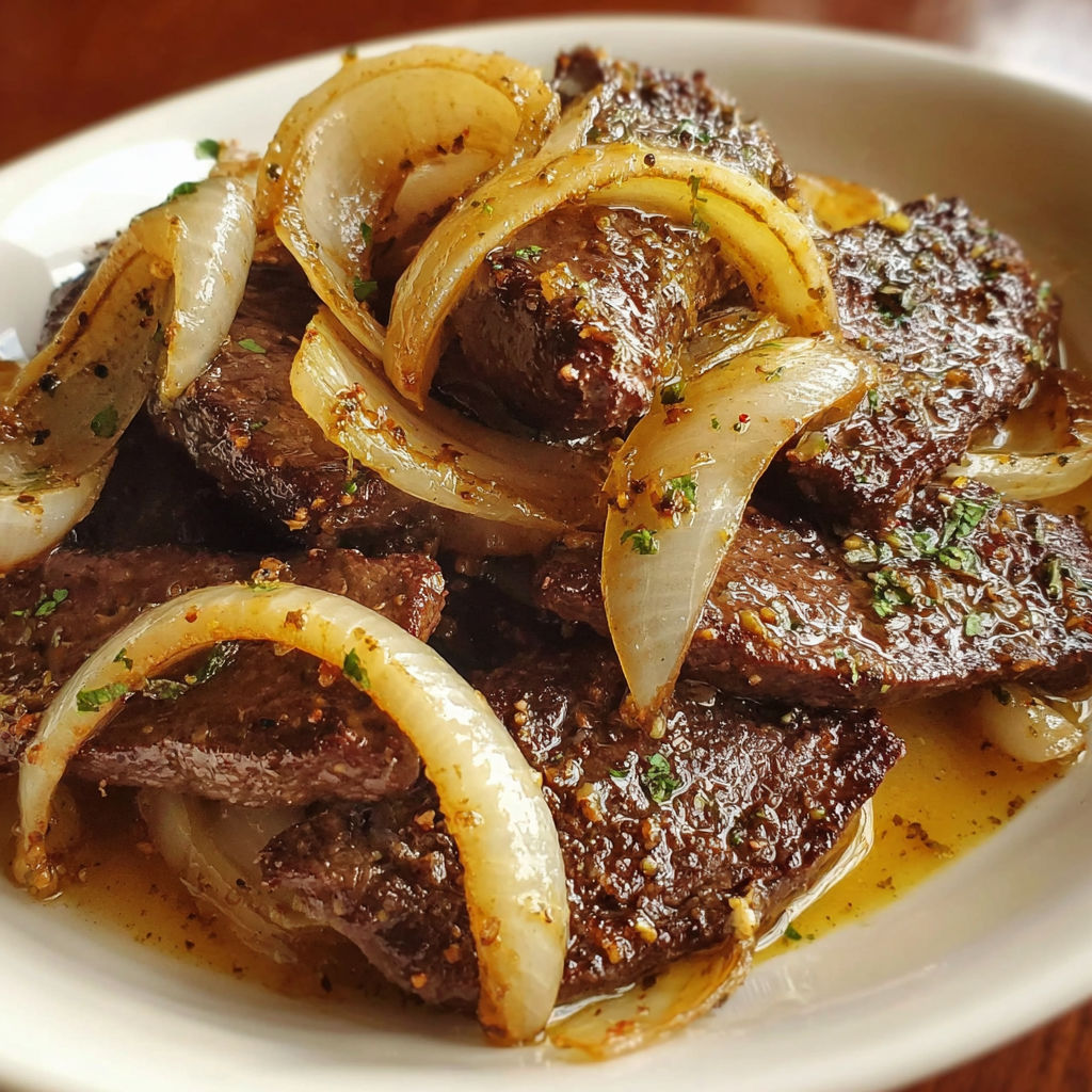 A plate of beef liver with onions.
