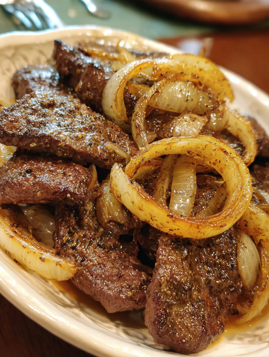 A plate of beef liver with onions.
