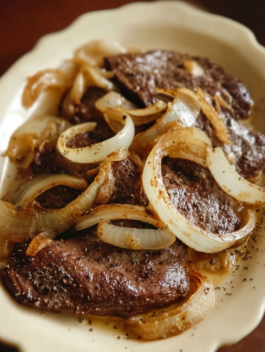 A plate of beef liver with onions.