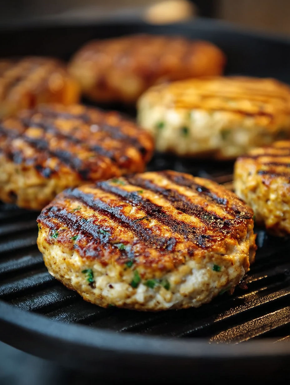 Buffalo chicken burgers on a grill.