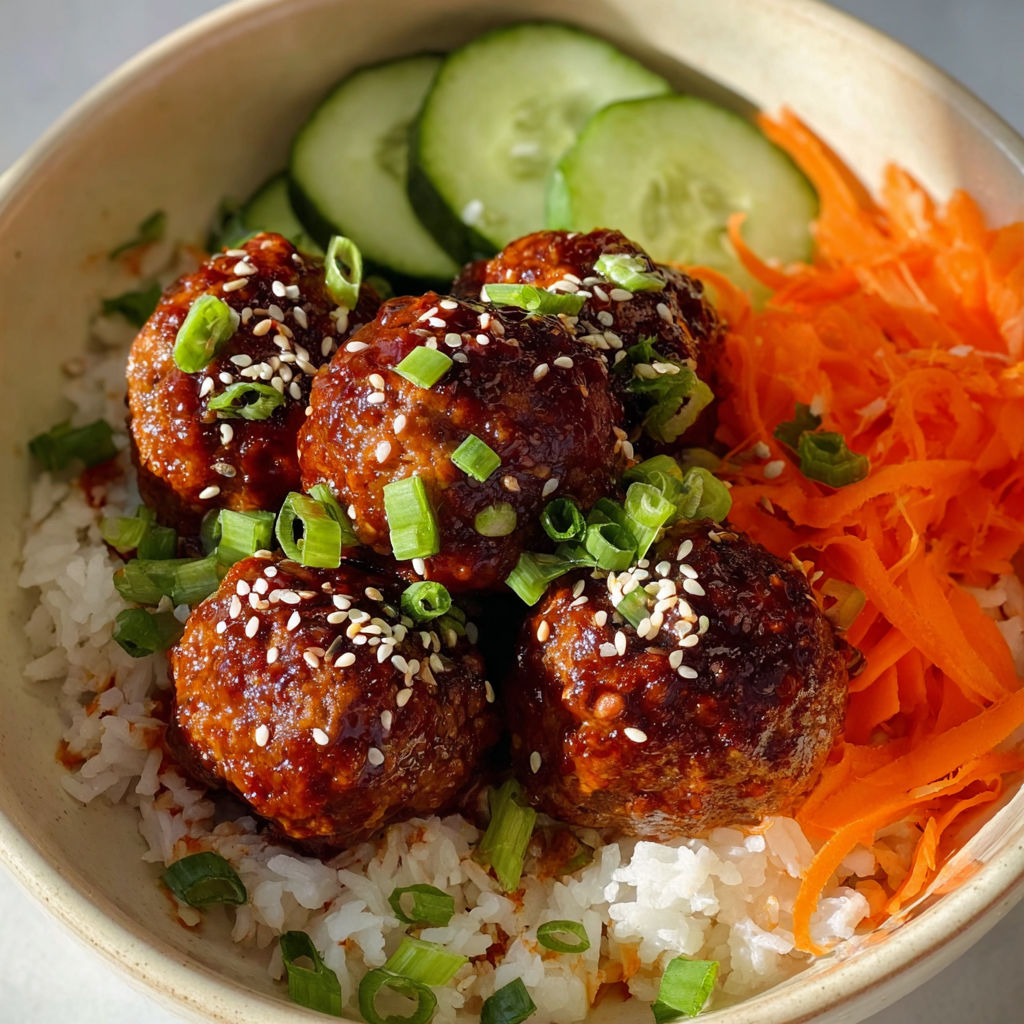 A bowl of meatballs with rice and vegetables.