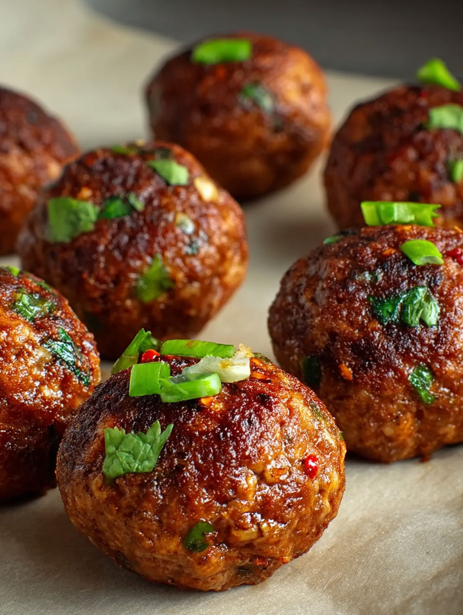 A plate of meatballs with green toppings.