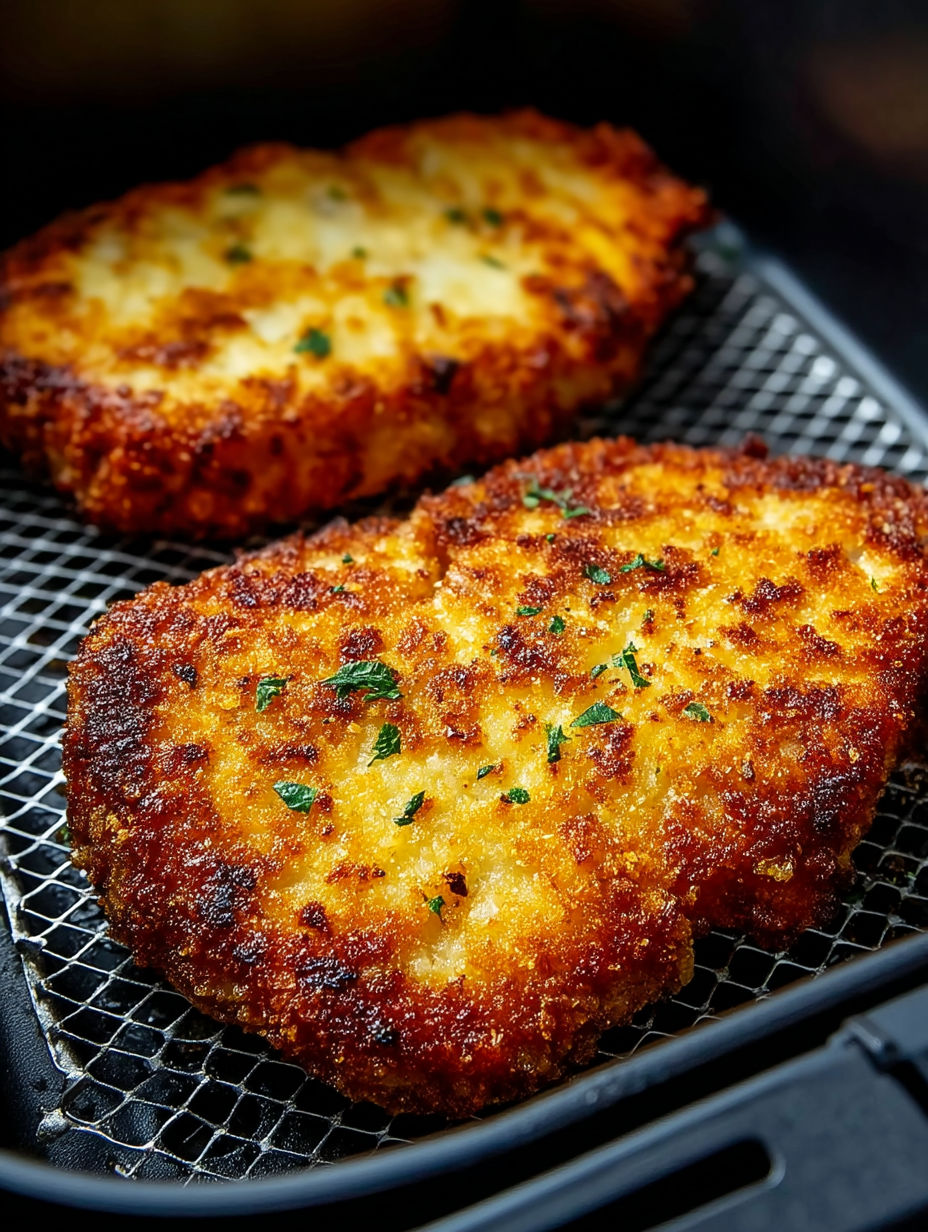 Two pieces of pork chops cooking in an air fryer.