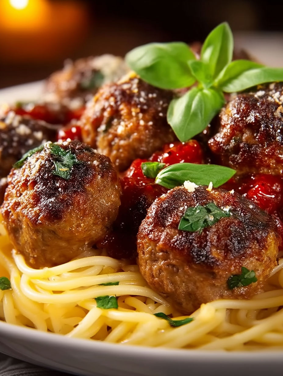 Air fryer meatballs with sauce and herbs.
