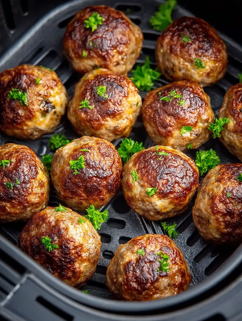 Meatballs cooking in an air fryer.