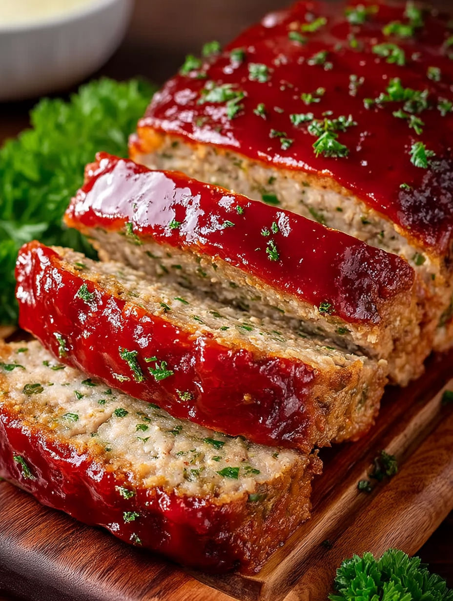 A slice of meatloaf with red sauce.