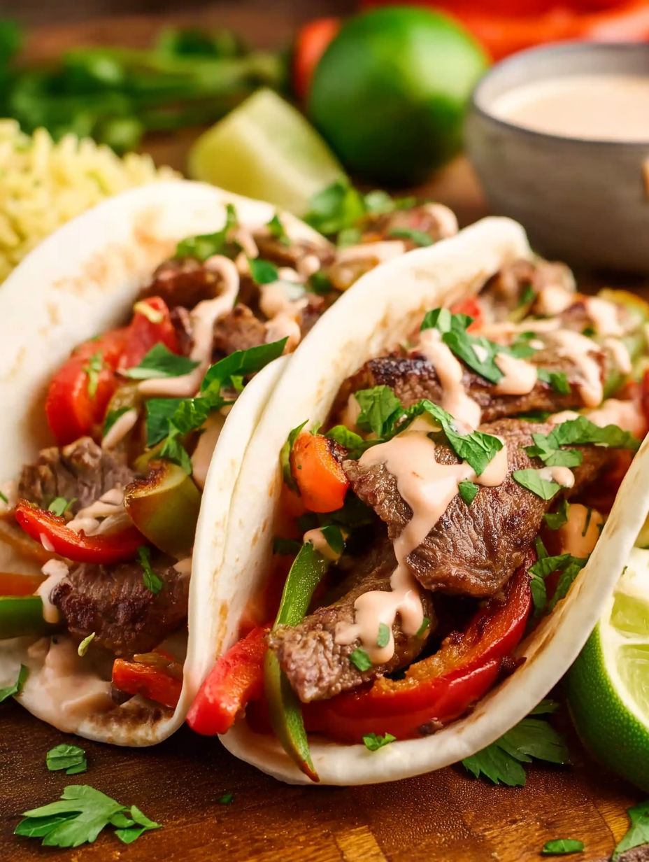 A delicious meal of steak fajitas with a variety of toppings.