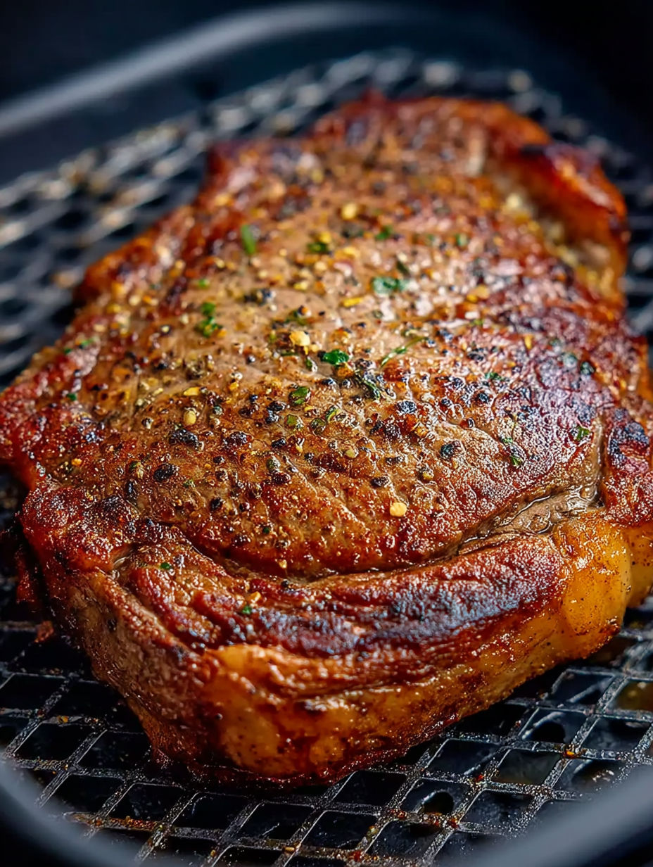 A piece of meat in an air fryer.