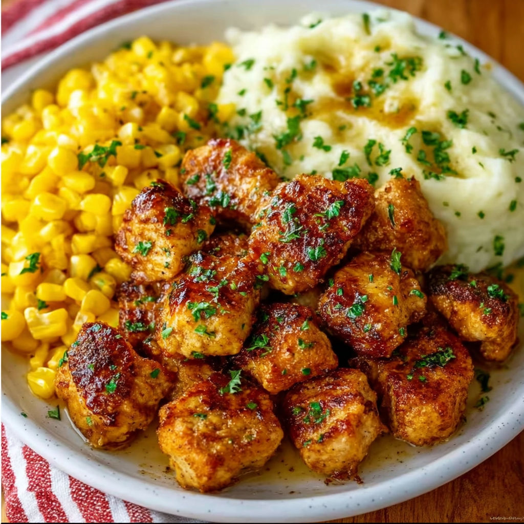 A plate of food with chicken, corn, and potatoes.