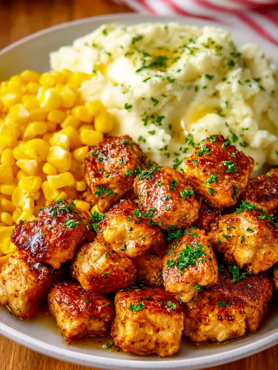 Air fryer pork chop bites with corn on the cob.