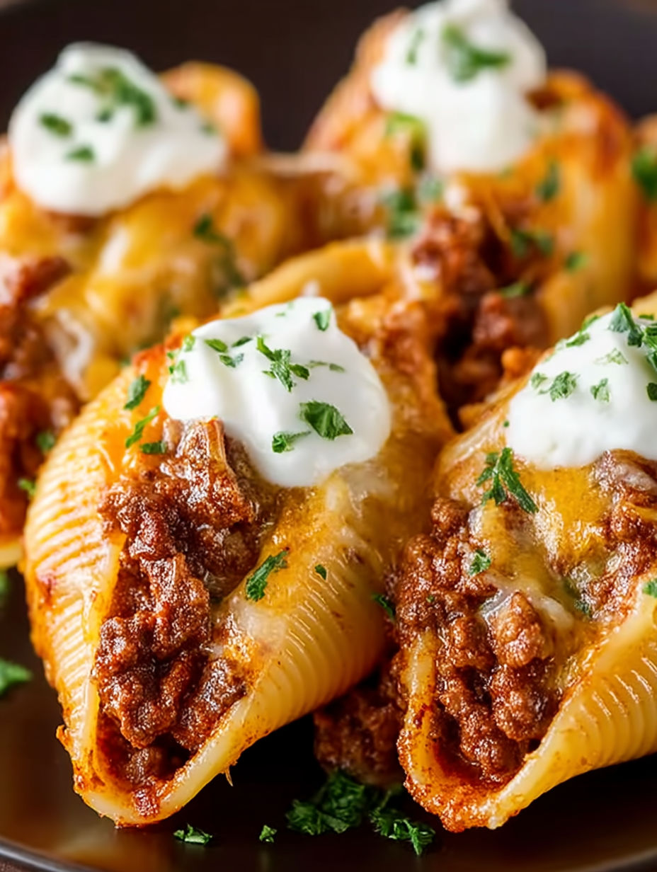 A plate of taco stuffed shells with white cheese on top.