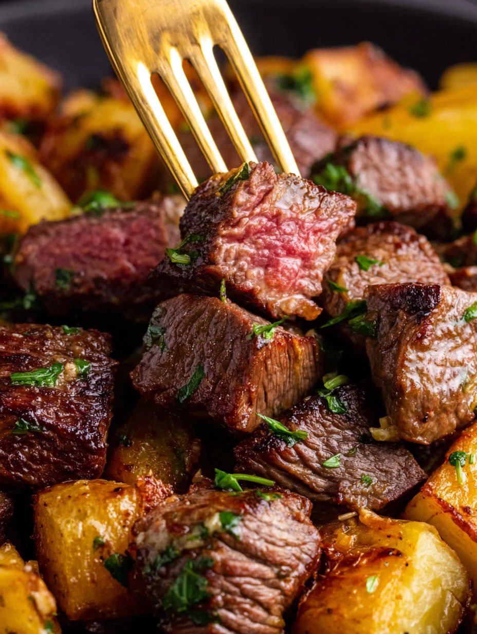 A fork is stuck in a plate of meat and potatoes.