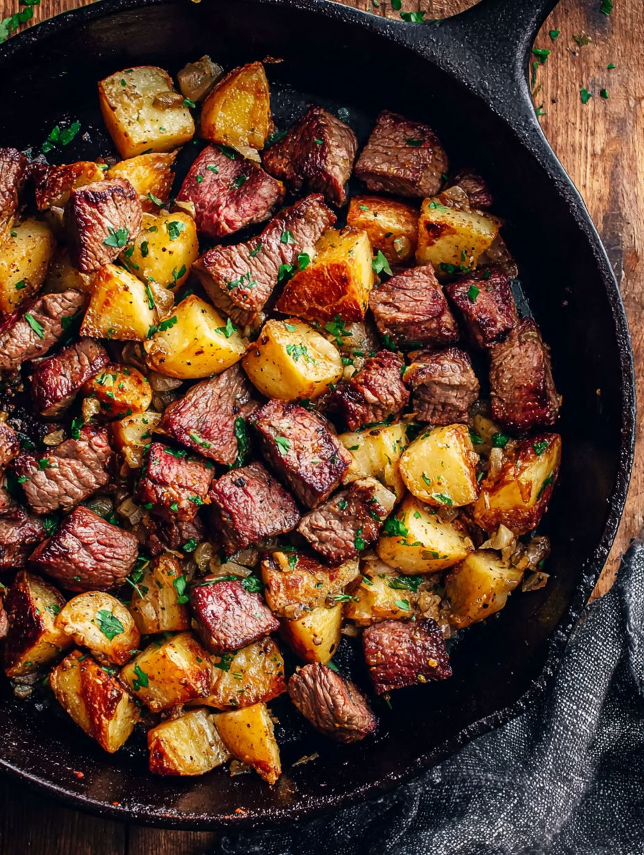 A close up of a delicious steak and potato meal.
