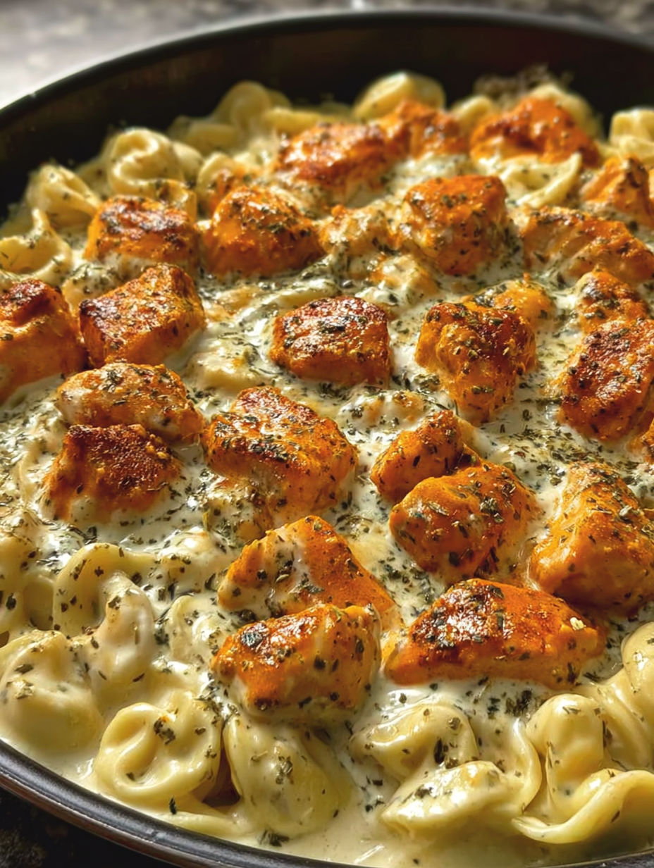 A dish of buffalo chicken tortellini alfredo.