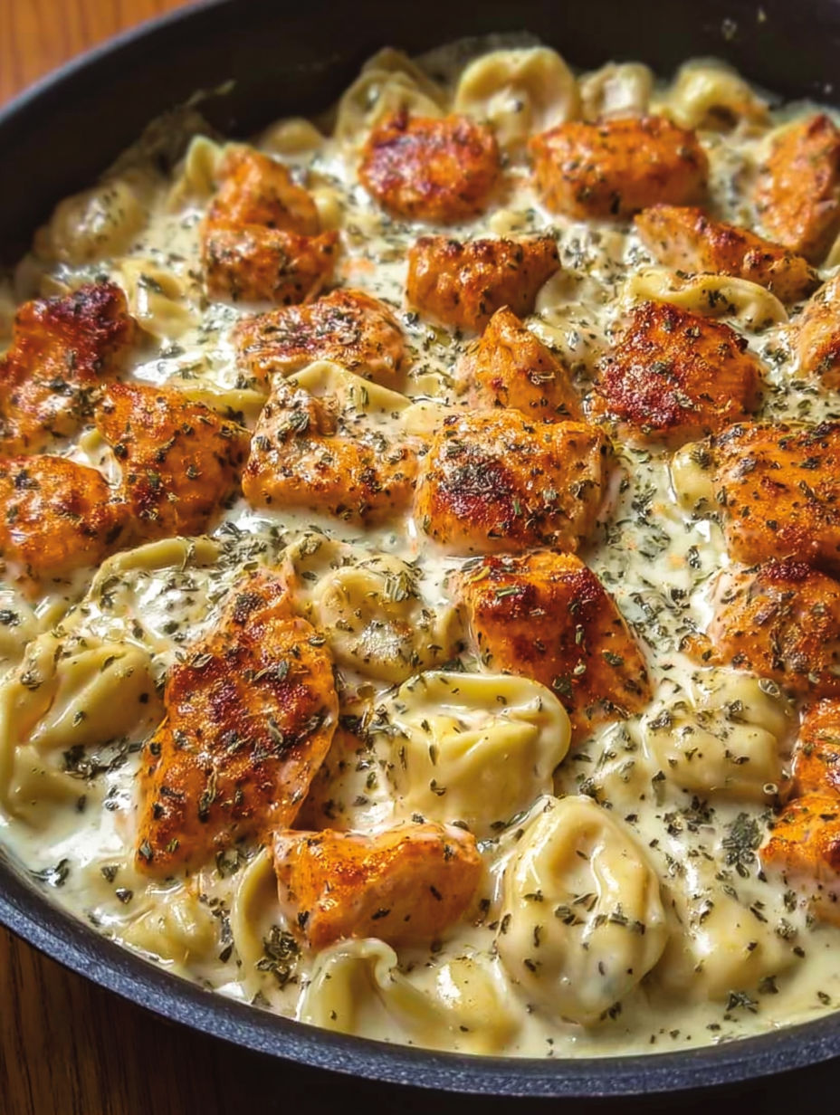 A dish of buffalo chicken tortellini alfredo.
