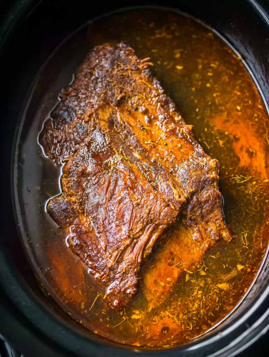 A piece of meat in a crock pot.
