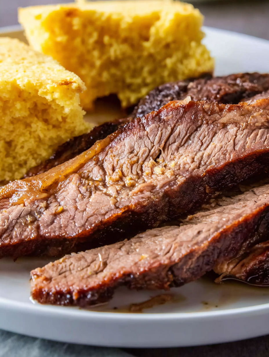 A plate of beef brisket with a side of cornbread.