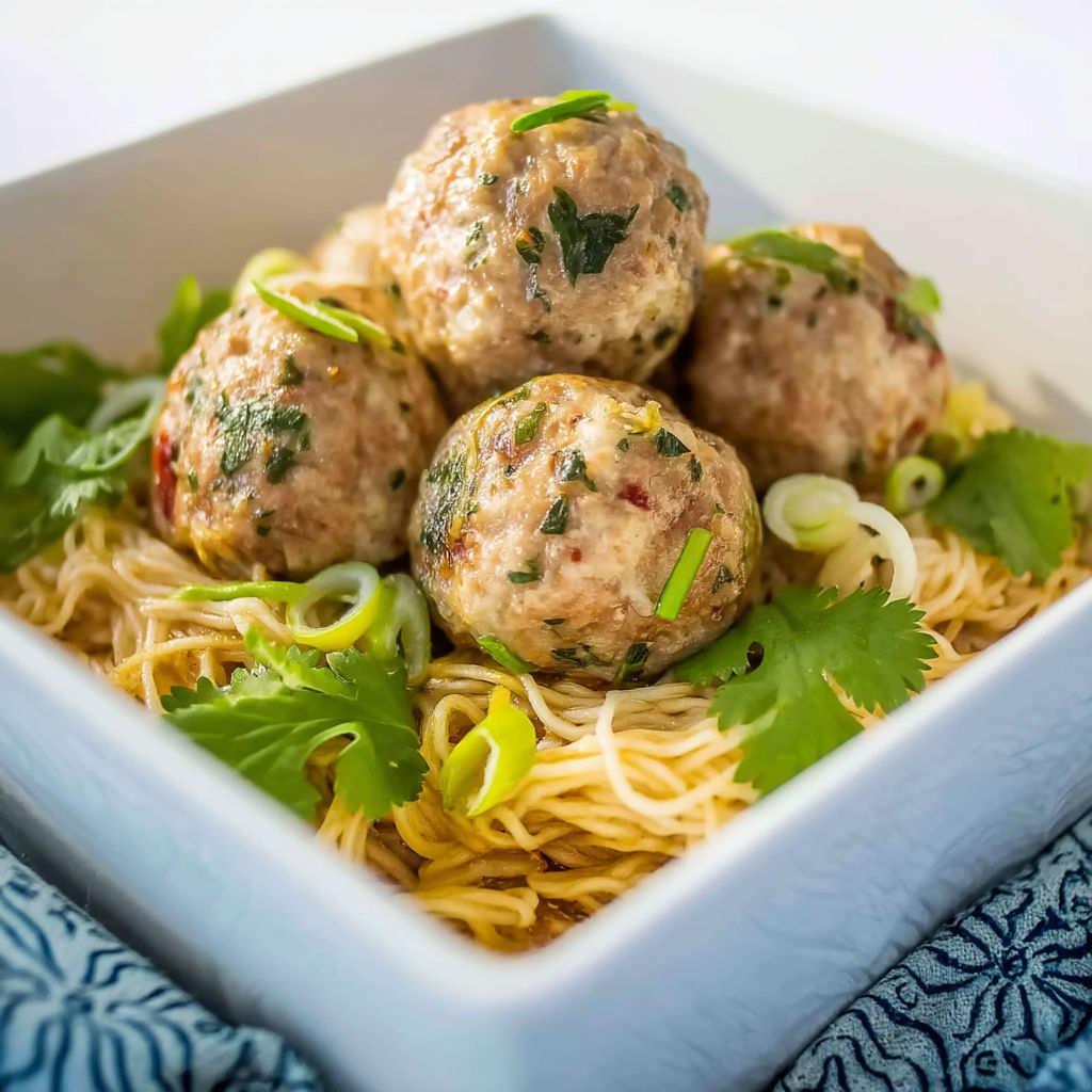 A plate of meatballs with noodles.