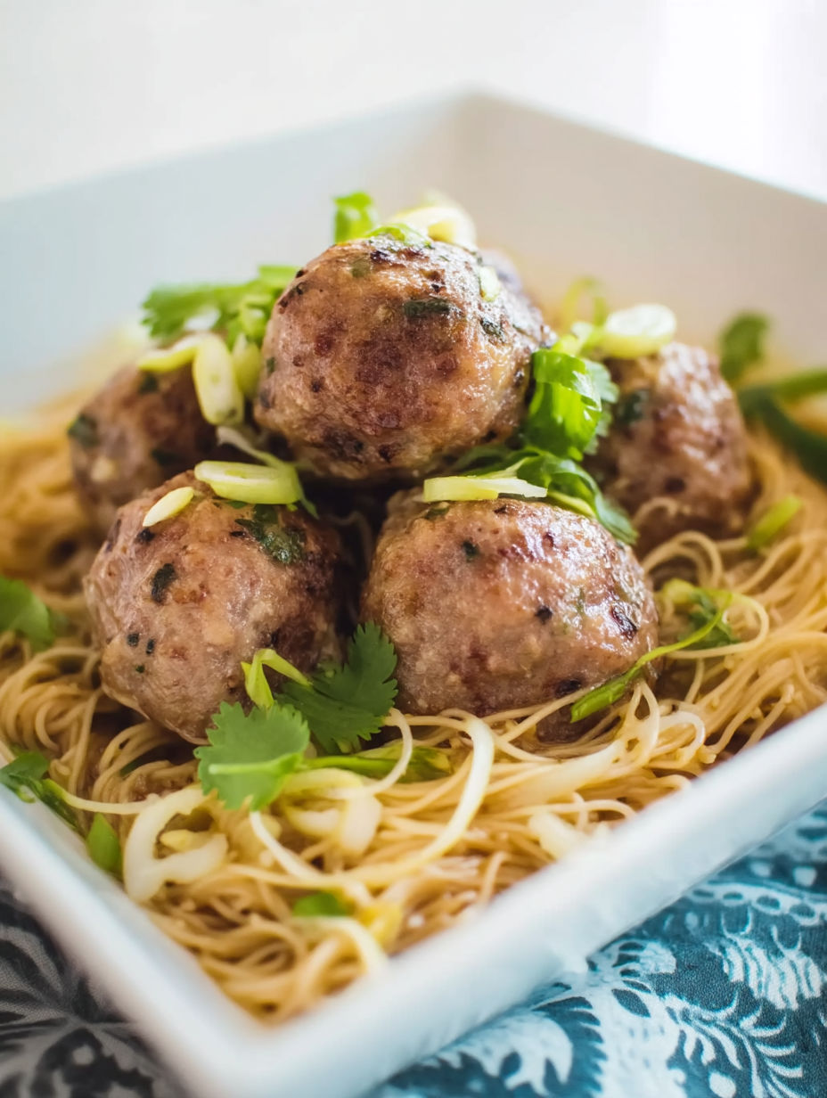 A plate of Asian meatballs on a table.