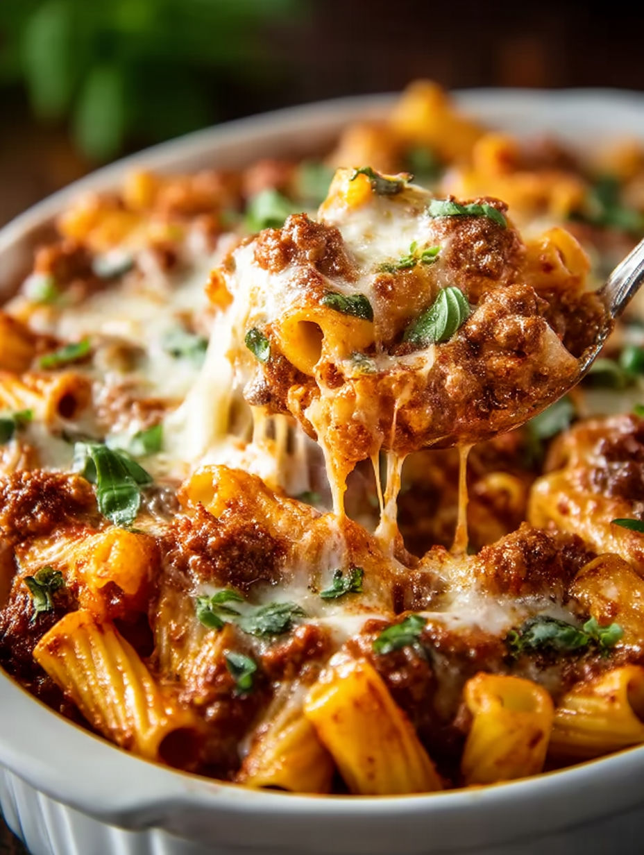 A fork is being used to eat a bowl of Italian sausage casserole.