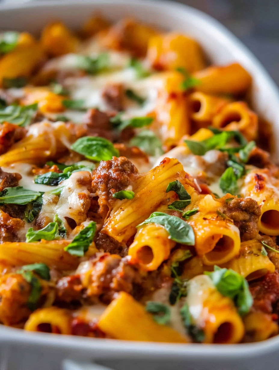 A delicious Italian sausage casserole with pasta and cheese.