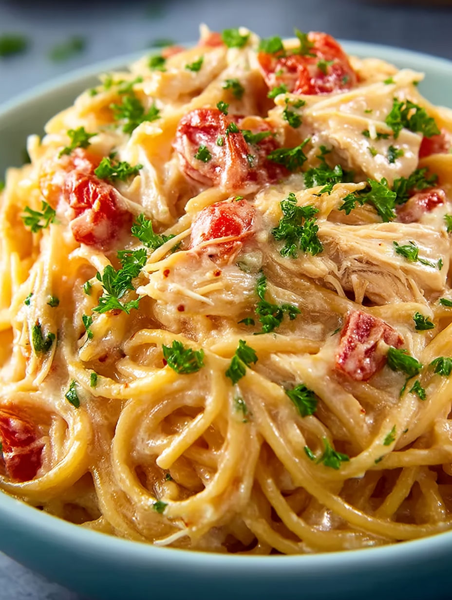A bowl of spaghetti with chicken and tomatoes.