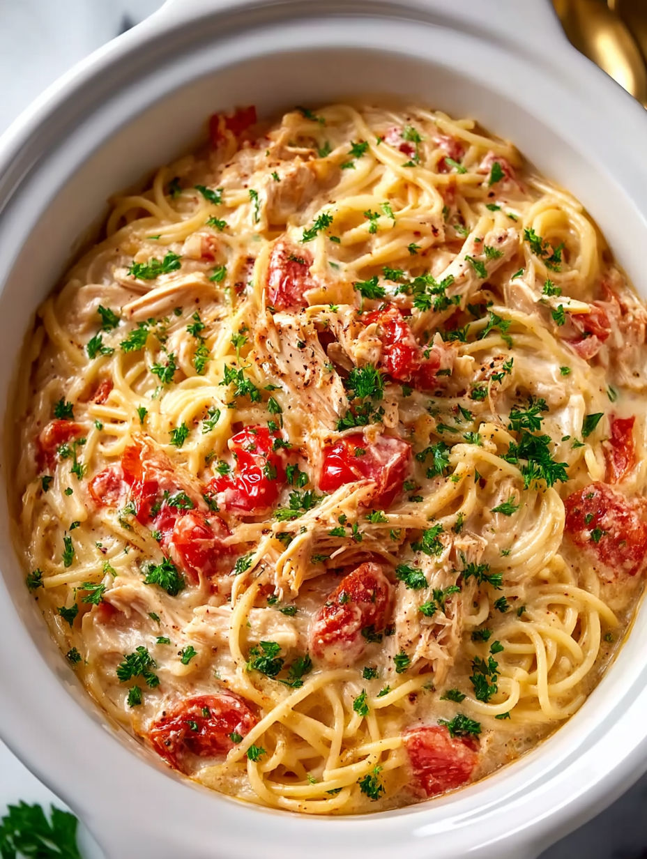A bowl of spaghetti with chicken and tomatoes.