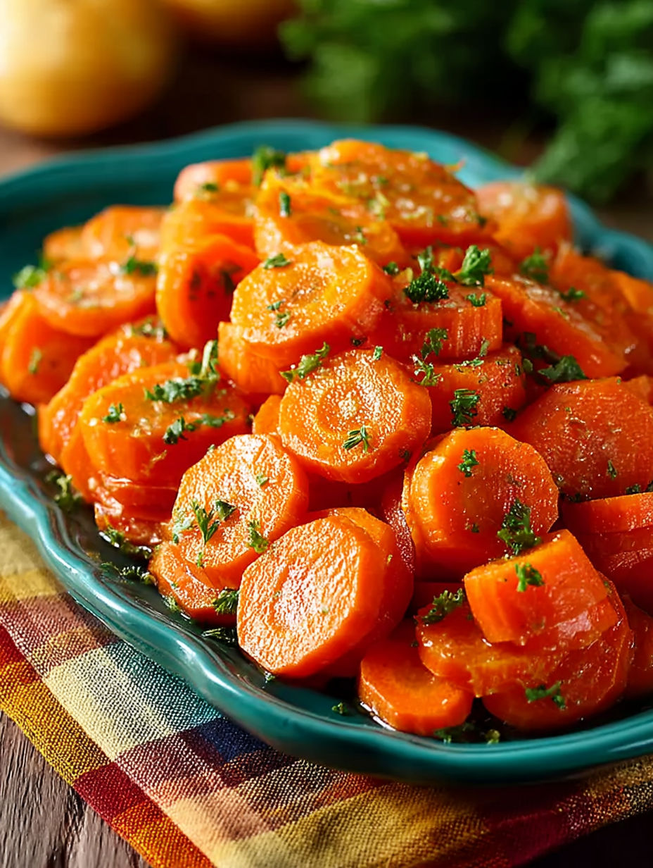 A plate of carrots with green herbs on top.