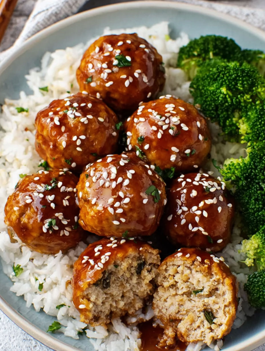 A plate of meatballs with a side of broccoli.
